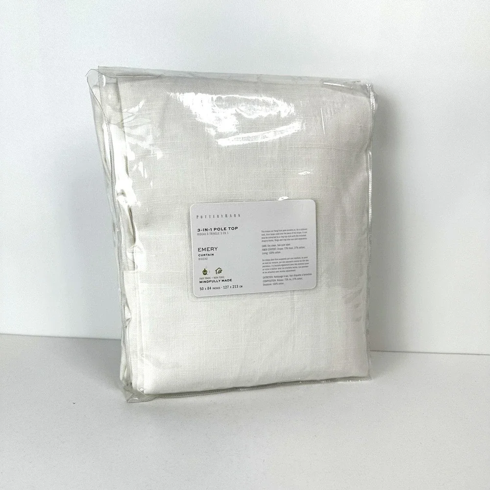 Pottery Barn 3 In 1 Pole Top Emery Cotton‎ Lined Curtain White 50X84 NWT